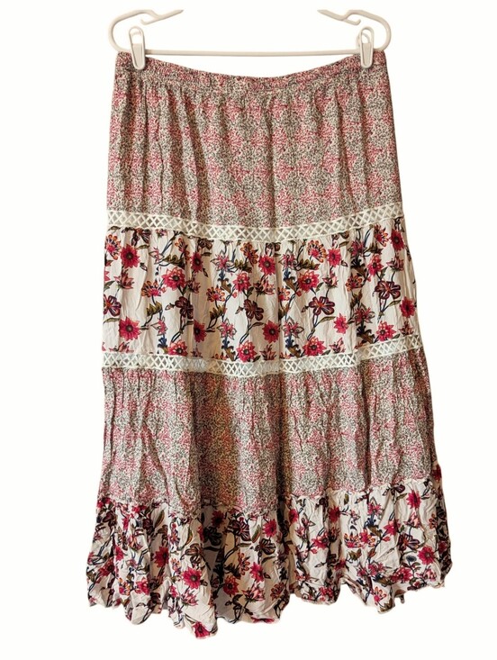 Solitaire Dresses & Skirts - 💕SALE💕Solitaire Floral Tiered Cotton Maxi Skirt Pink & White Long Boho Gypsie